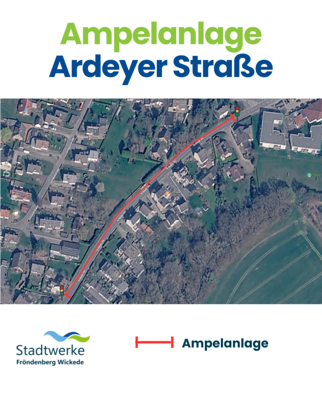 Kundeninformation (Instagram) (18) Die Grafik zeigt die Überschrift „Ampelanlage Ardeyer Straße“ über einer Satellitenkarte mit markierter Strecke.