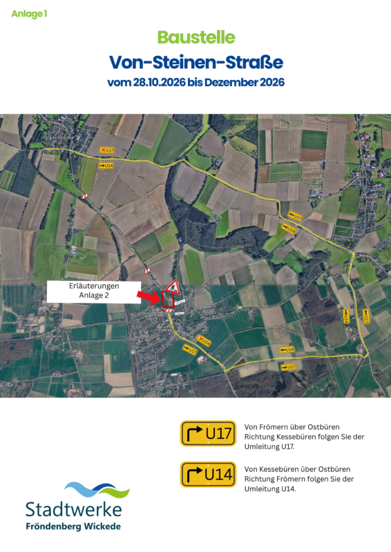 Anlage 1 _ Von-Steinen-Straße _ JPG 1 Der Baustellenplan zeigt die Vollsperrung der L679 an der Von-Steinen-Straße und Umleitungen über U17 und U14 ab dem 28. Oktober 2026.