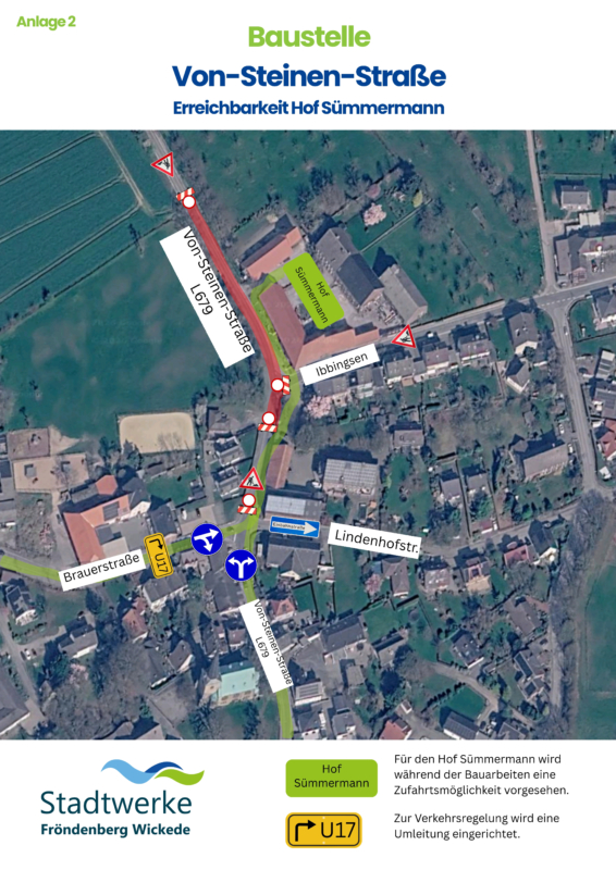 Anlage 2 _ Von-Steinen-Straße _ JPG 1 Ein Luftbildplan zeigt die Vollsperrung der L679 an der Von-Steinen-Straße und die Umleitung über Brauer- und Lindenhofstraße.